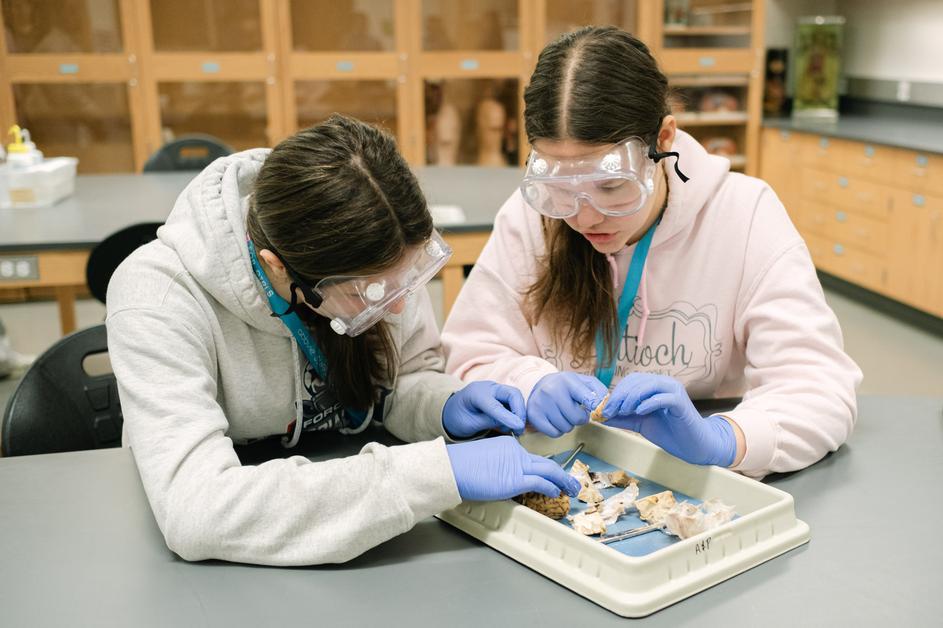 Two girls looking at items in a lab during STEM for girls last year