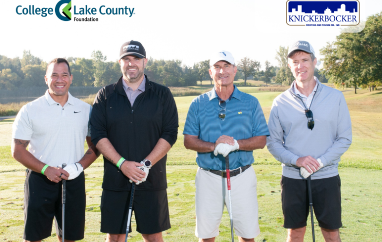 1st Place Team, Knickerbocker Roofing and Paving Co., Inc., at the College of Lake County Foundation’s 33rd Annual Scholarship Golf Classic held Sept. 15, 2025, at Stonewall Orchard Golf Club in Grayslake.