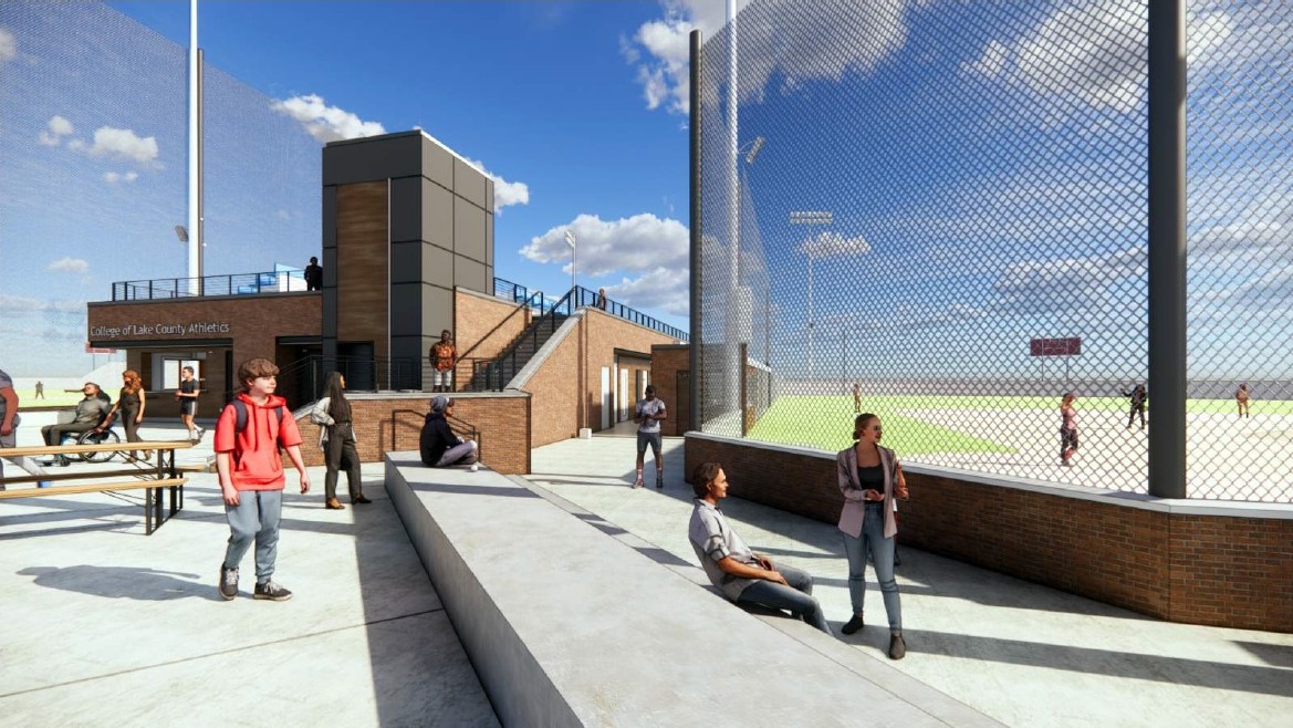 A rendering showing behind home plate of the softball field