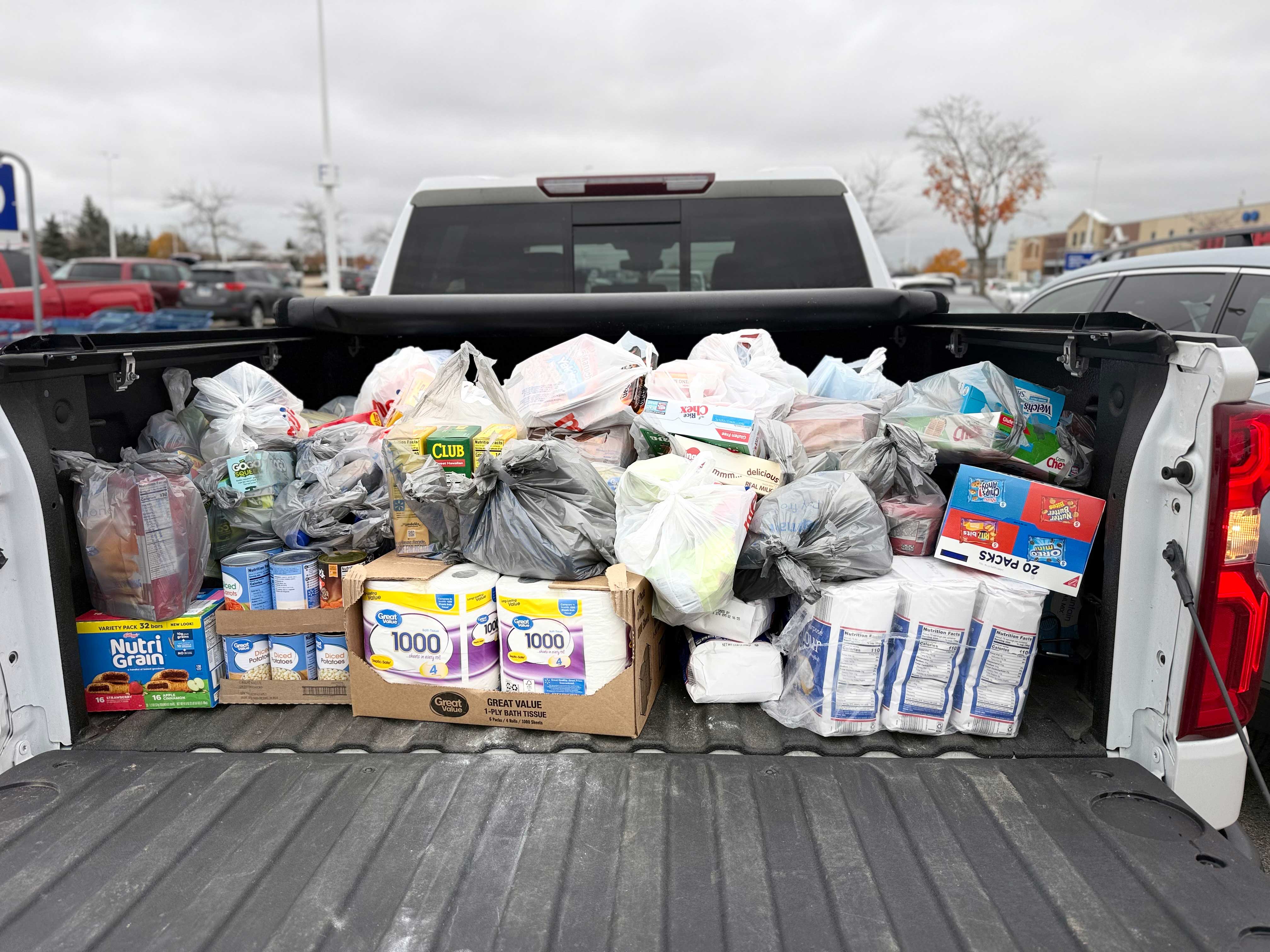 Items to be donated loaded up in the back of a pickup truck