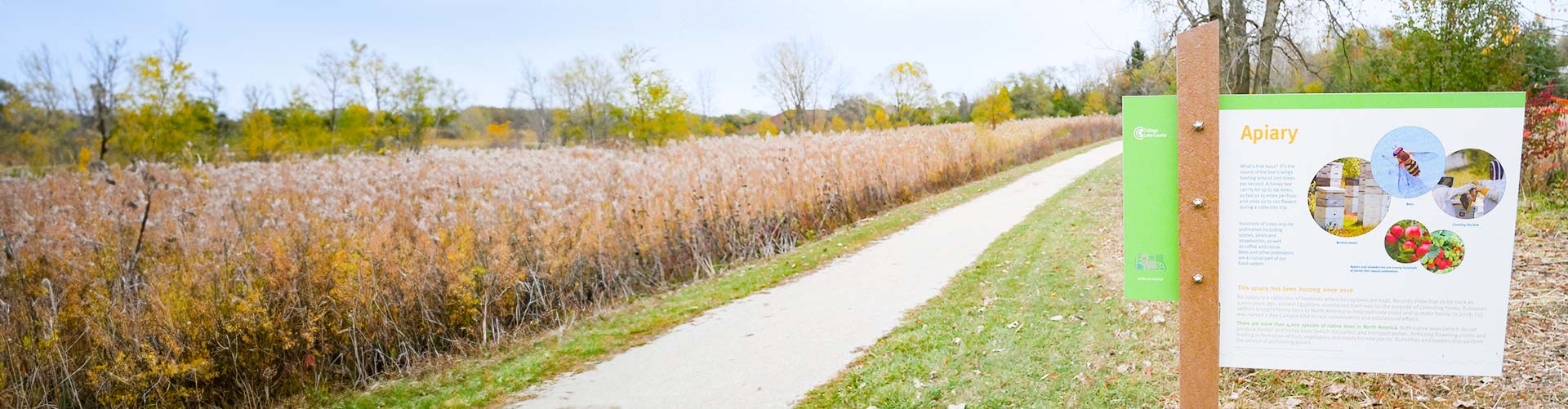 A gravel trail in a prairie with a signpost