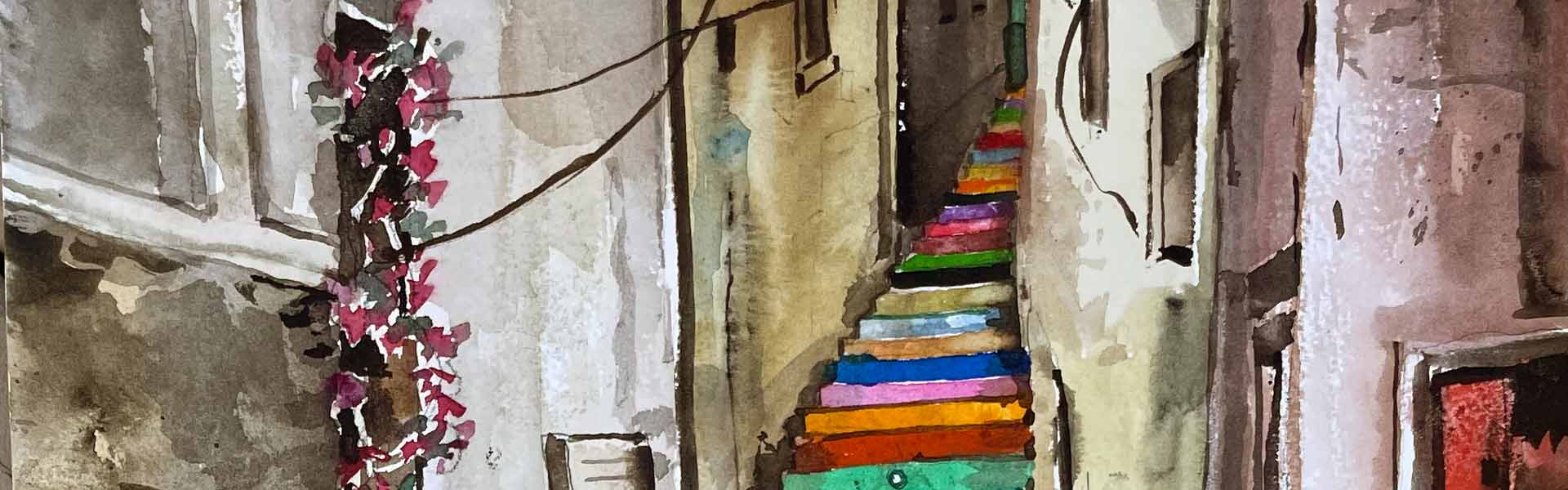 A watercolor painting of colorful stairs
