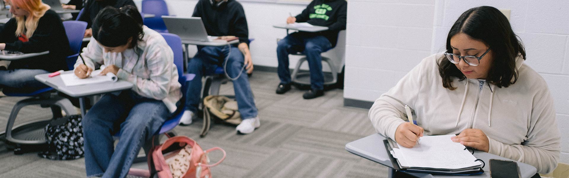 Students listening to lecture and writing notes