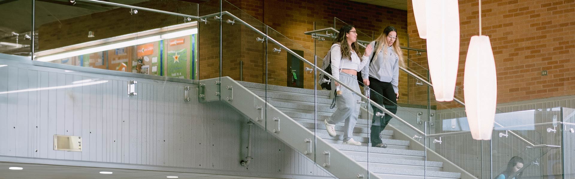 Students walking down the stairs, talking