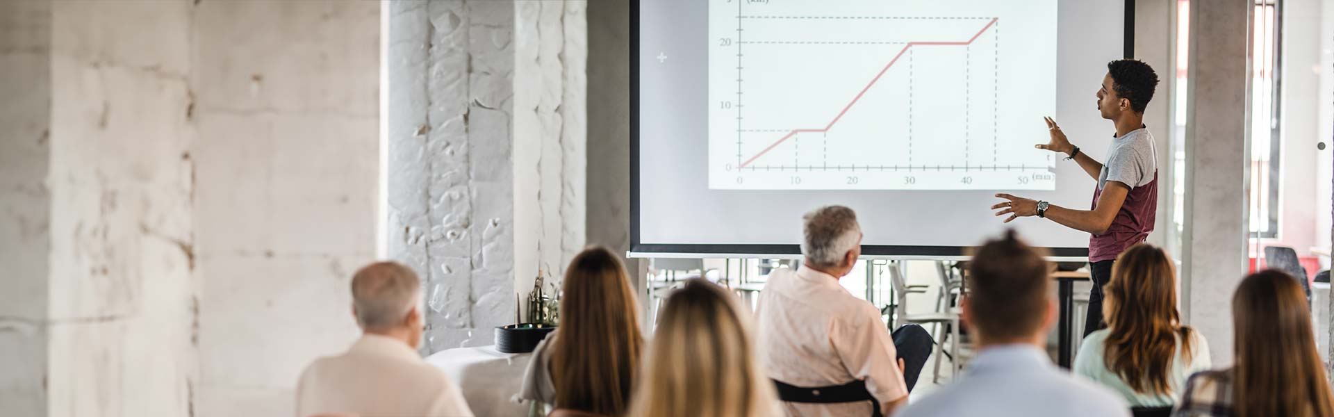 Student in front of class presenting a bar graph