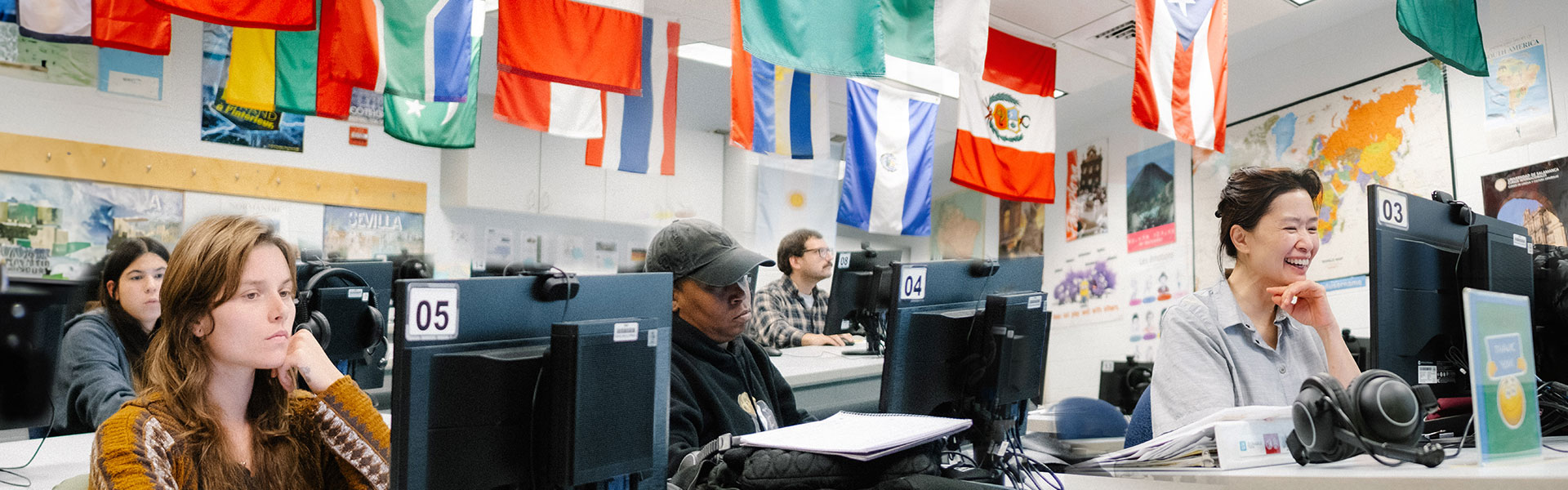 Students practicing languages in the Language Lab