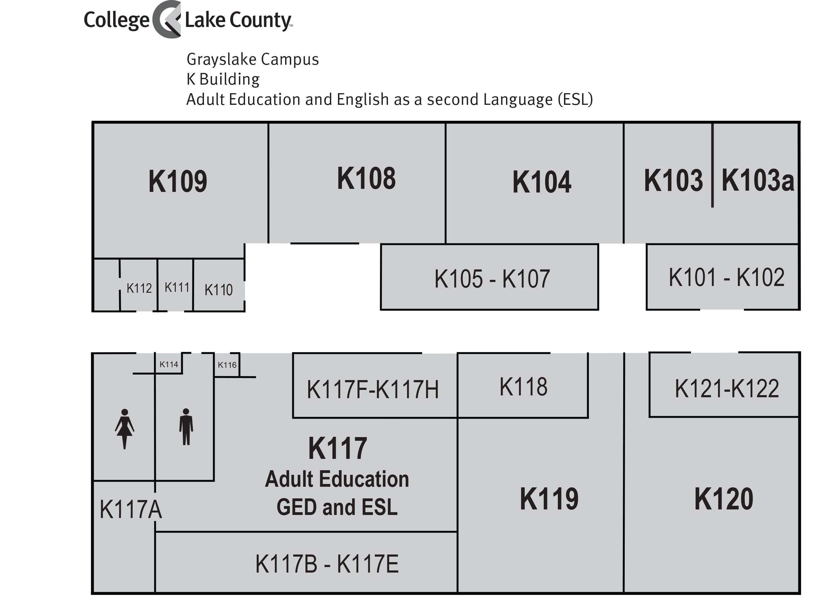 Floor plan of Building K, housing Adult Education and ESL offices, Grayslake Campus