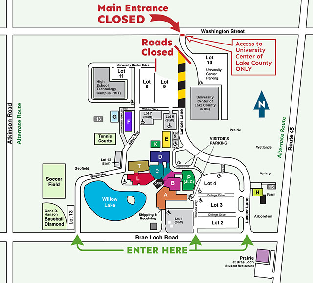 Map to Grayslake Campus showing alternate routes due to construction April 1 to June 30