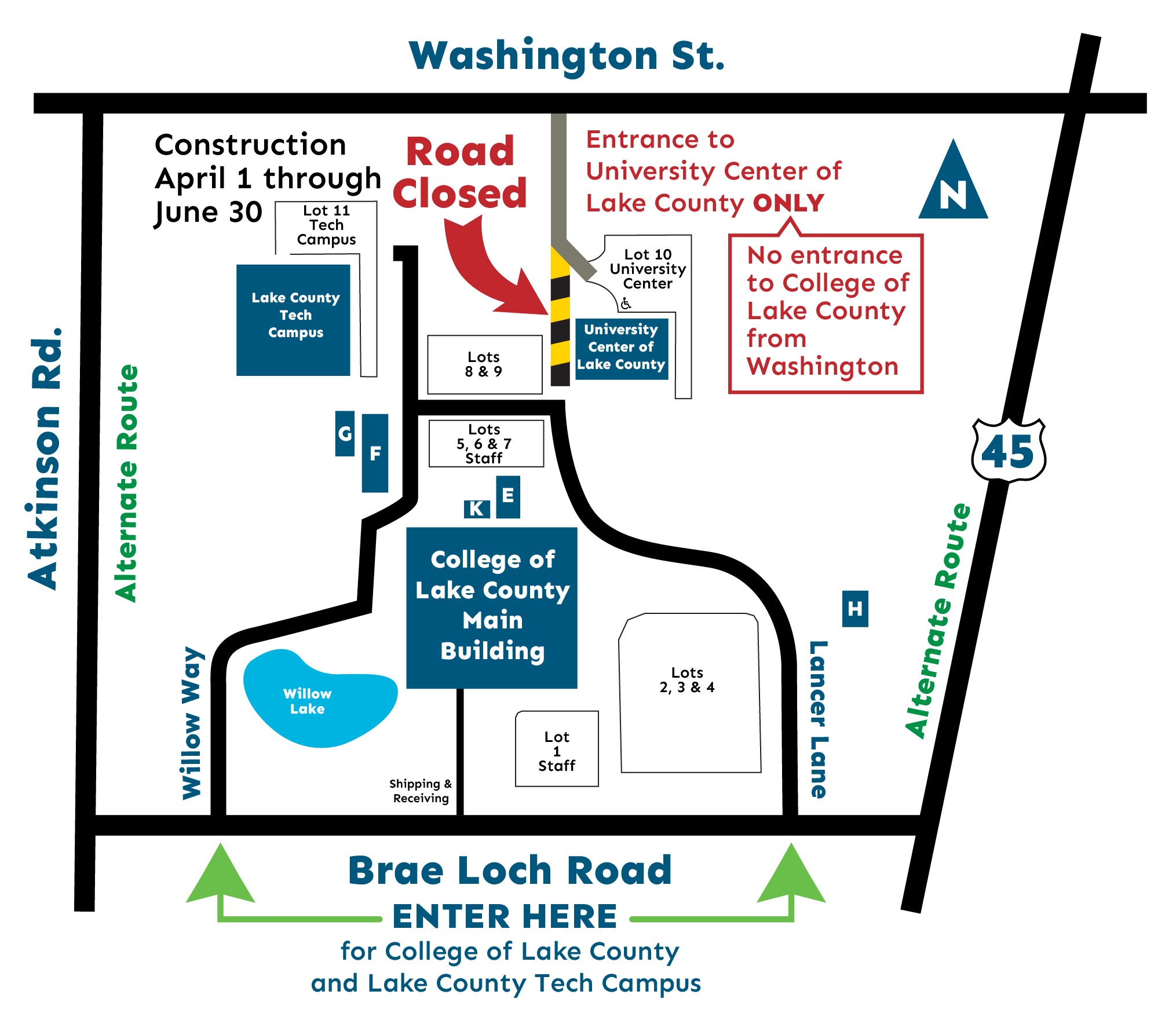 Grayslake campus map with roundabout construction detour information