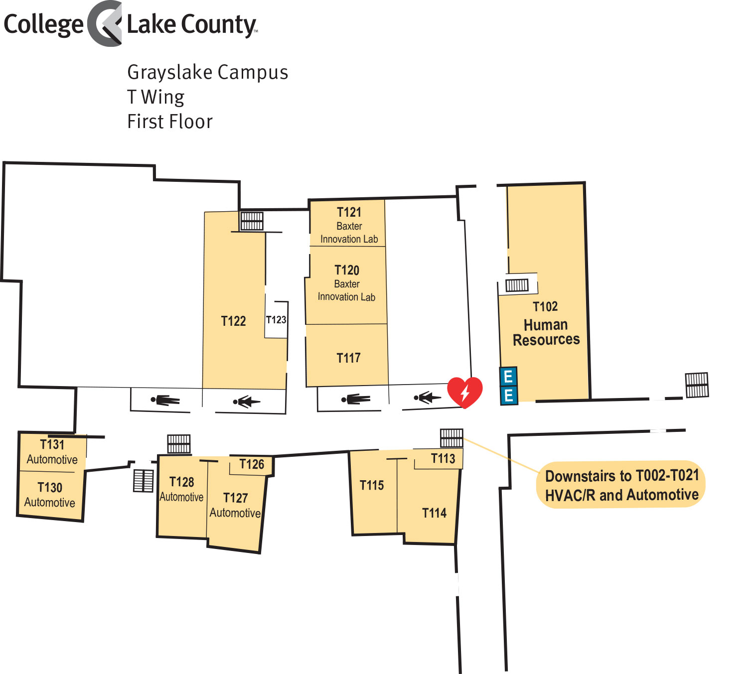 Floor plan of T Wing, floor 1, Grayslake Campus