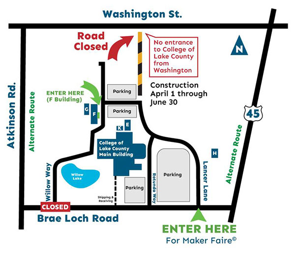 Map of closed roads and alternative routes to Maker Faire at Grayslake Campus