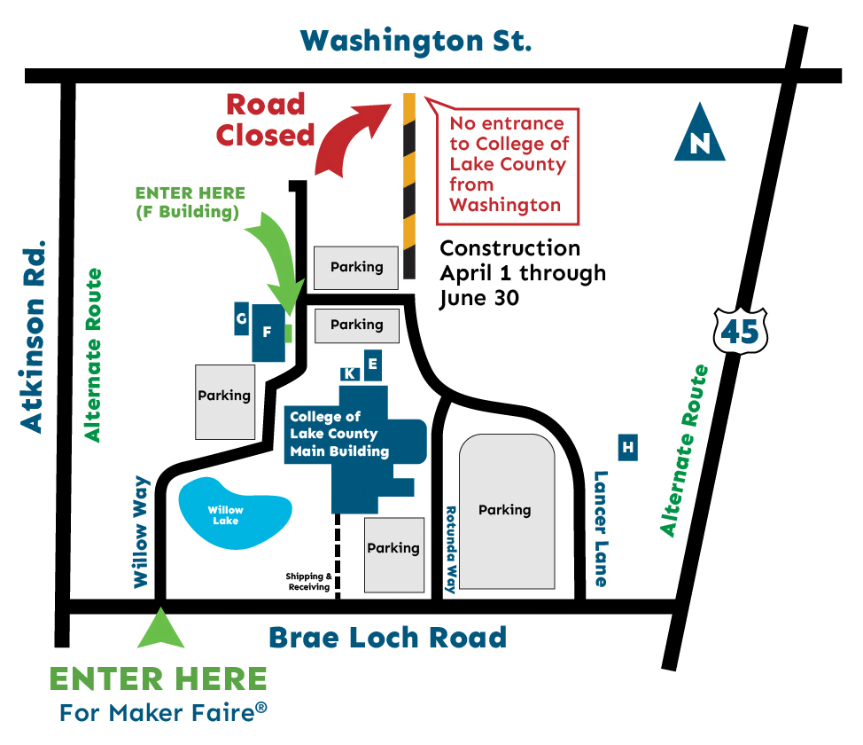 Map showing road closure and alternate route for Maker Faire Lake County at CLC Grayslake Campus