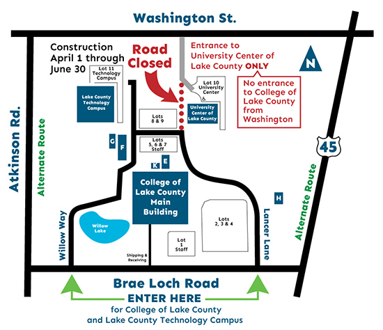 Map showing alternate traffic directions during construction at Grayslake Campus