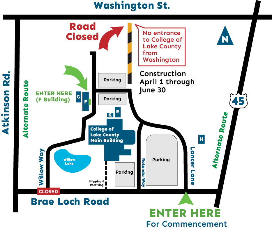Map showing alternate traffic directions during construction at Grayslake Campus