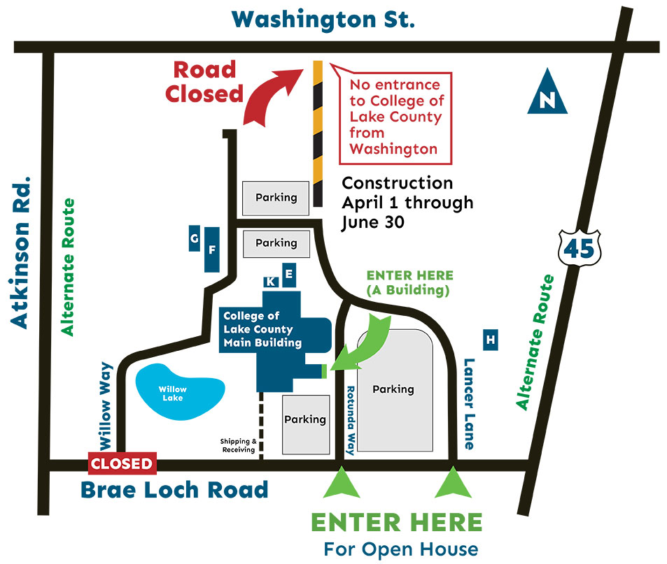 Map showing road closures and alternative routes to Grayslake Campus Open House