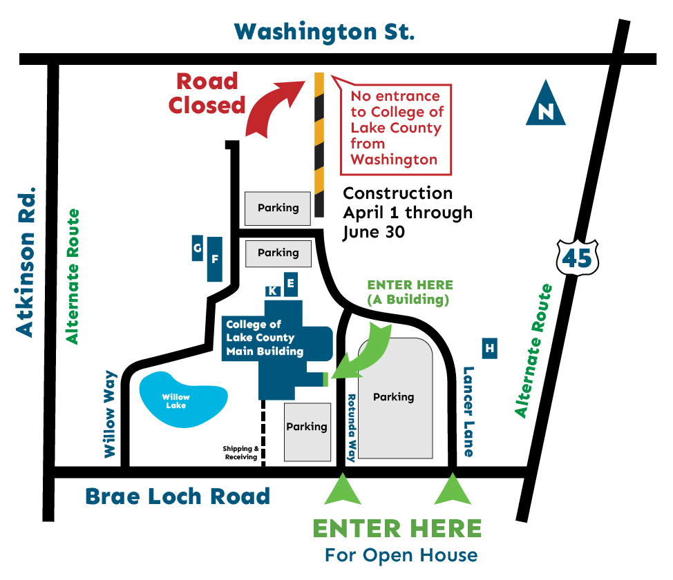 Map showing road closure and alternate route for Grayslake Campus open house 2026