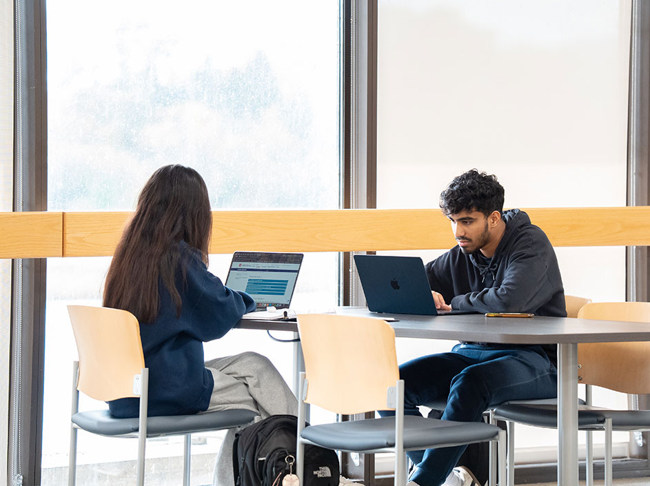 Two students sitting at table near window, working on laptops