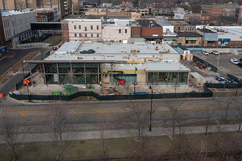 Exterior view of CLC Urban Farm Center construction, March 2026, Waukegan