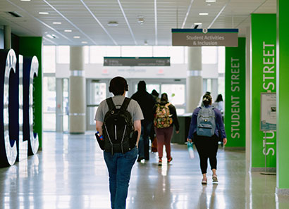 Students walking down Student Street at CLC Grayslake campus